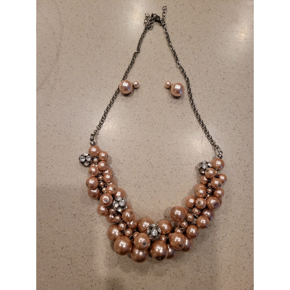 Champagne Pink Faux Pearl Rhinestone Bib Statement Necklace‎ and Earring Set
